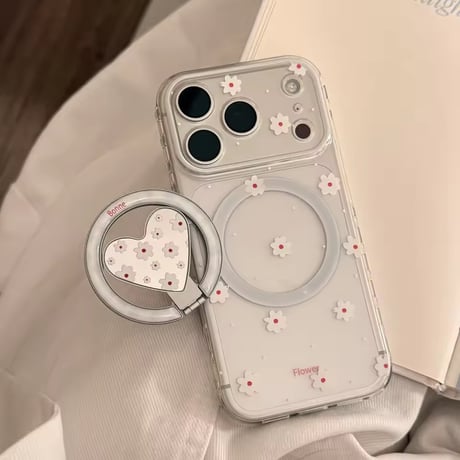 K23081 フラワーハートMagSafeグリップ付きクリアiPhoneケース