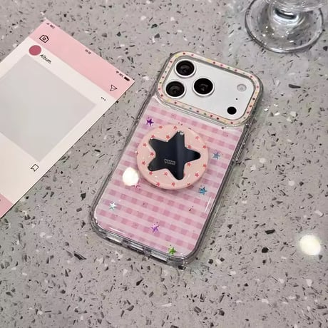 K23083 スターミラーグリップ付きギンガムiPhoneケース