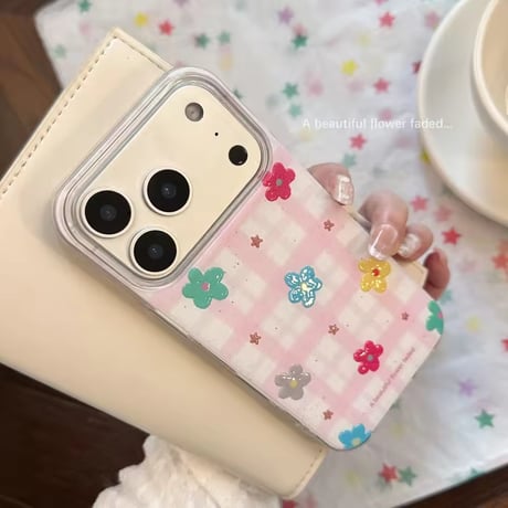 S75643 カラフルフラワーチェックiPhoneケース
