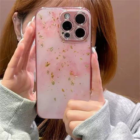 S74310 ピンクマーブル×金箔グリッターケース