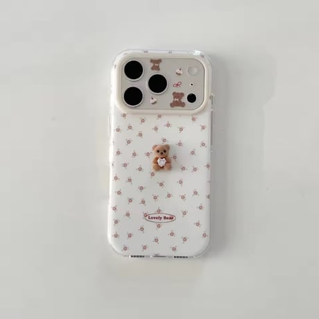 K23049 くすみフラワーベアiPhoneケース（ハンドストラップ付き）