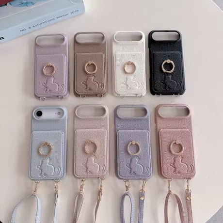 K22961 ねこモチーフ ミラー＆カードポケット付き iPhoneケース（ストラップ付き）