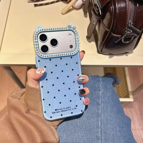 S75275 猫耳ビジューフレームドットiPhoneケース
