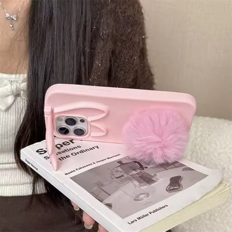 S75463うさみみファーポンポンiPhoneケース