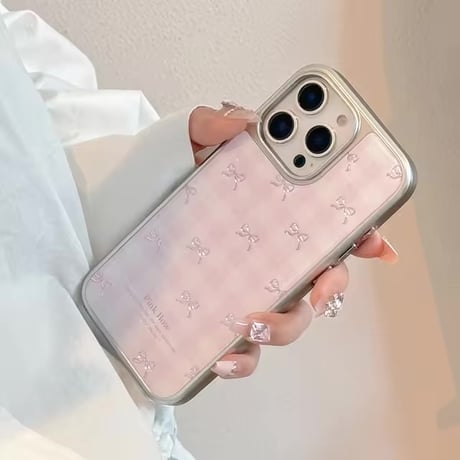 S74672 ピンクリボンのギンガムiPhoneケース