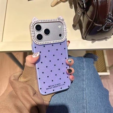 S75275 猫耳ビジューフレームドットiPhoneケース