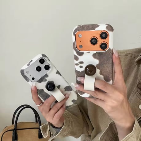 K23002 ニュアンスカウ柄 フィンガーストラップ＆スタンド iPhoneケース