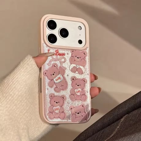 S75204 くまちゃん総柄 ピンクiPhoneケース