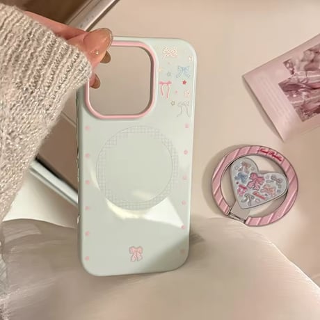 K23080 リボンハート MagSafeグリップ付きガーリーiPhoneケース