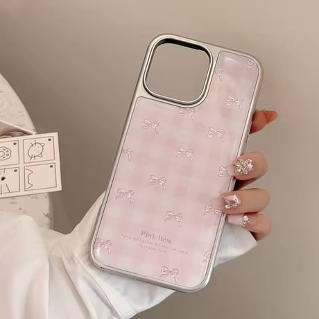 S74672 ピンクリボンのギンガムiPhoneケース