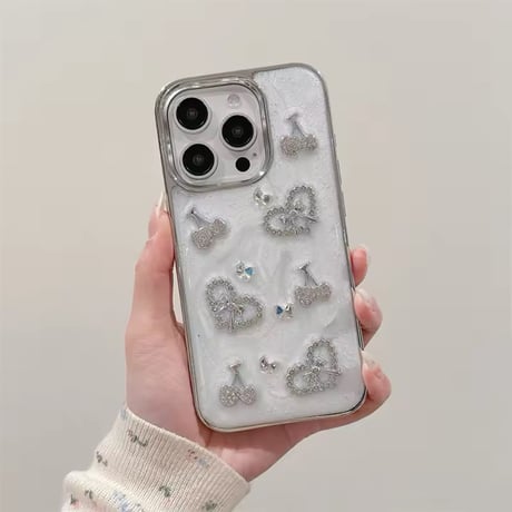 K22695 ビジューハートチェリーストラップ付きiPhoneケース