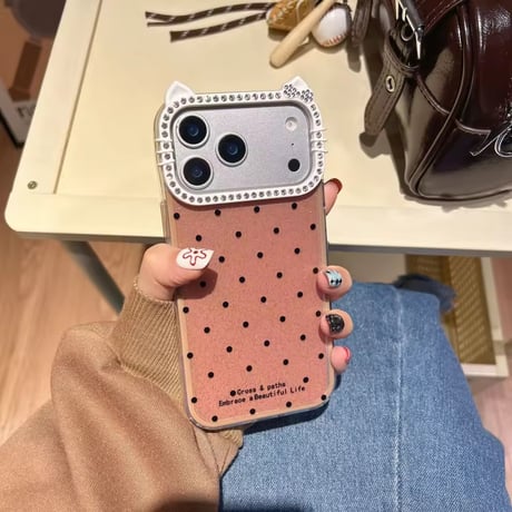 S75275 猫耳ビジューフレームドットiPhoneケース