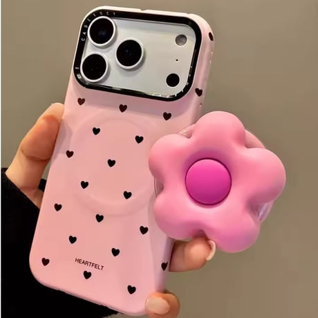 K22999 MagSafe対応 フラワーグリップ付き ハートドットiPhoneケース