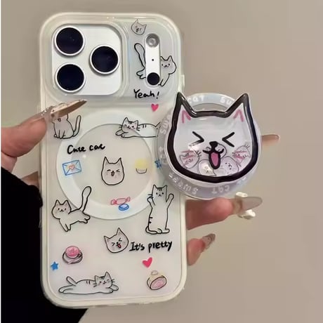 K23099 ねこフェイスMagSafeグリップiPhoneケース
