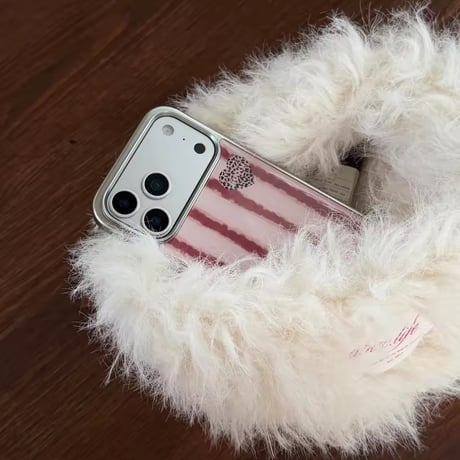 S75259 くすみピンクストライプ ハートアクセント iPhoneケース