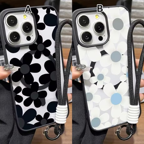 K23138 モノクロフラワー ストラップ付きiPhoneケース