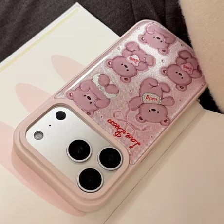 S75204 くまちゃん総柄 ピンクiPhoneケース