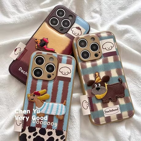 S74470 ほっこりダックスの刺繍iPhoneケース