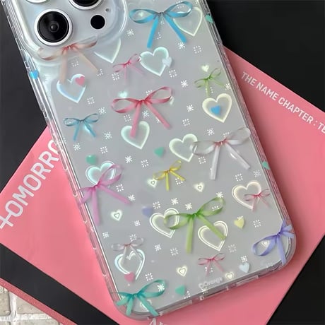 L62225 カラフルリボンとハートのビーズストラップ付きiPhoneケース