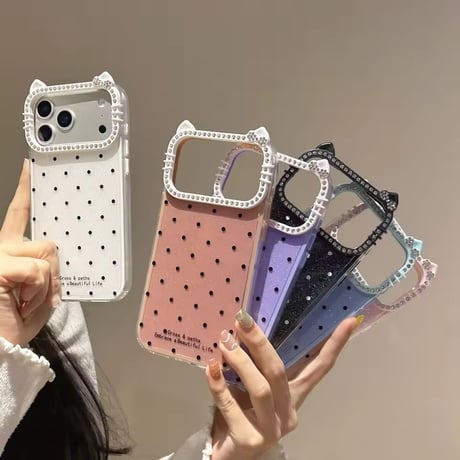 S75275 猫耳ビジューフレームドットiPhoneケース
