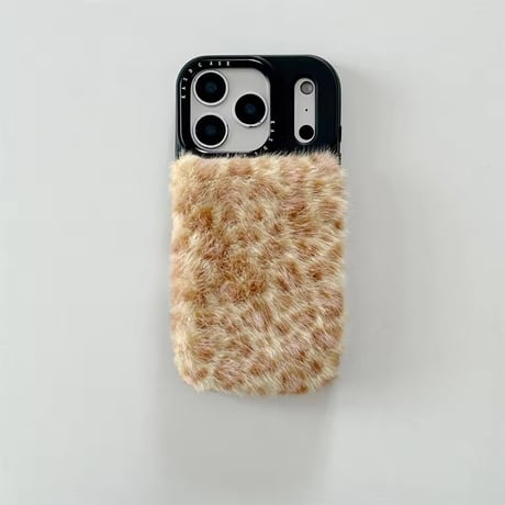 S75223 ふわもこヒョウ柄ファーiPhoneケース