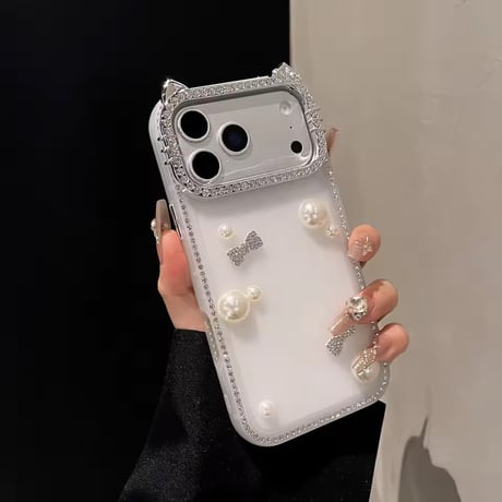 S75247 パールリボン ビジューフレーム iPhoneケース