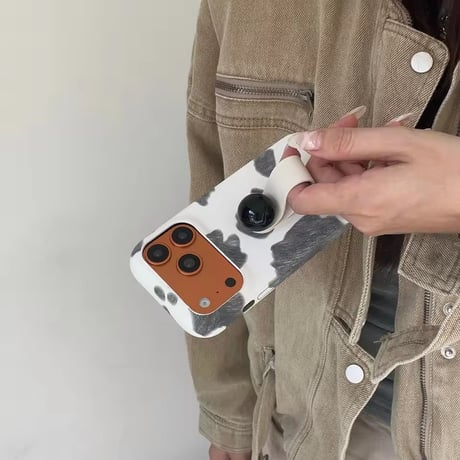 K23002 ニュアンスカウ柄 フィンガーストラップ＆スタンド iPhoneケース