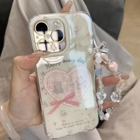 S74961 ストラップ付きゆめかわアニマルハート iPhoneケース