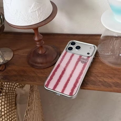 S75259 くすみピンクストライプ ハートアクセント iPhoneケース