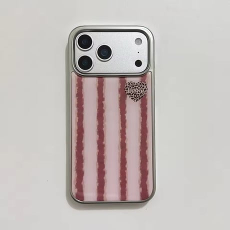 S75259 くすみピンクストライプ ハートアクセント iPhoneケース