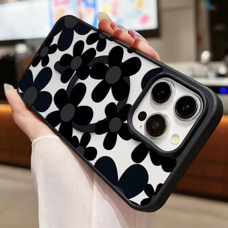 K23138 モノクロフラワー ストラップ付きiPhoneケース