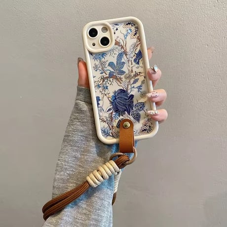 K22928 ブルーボタニカル柄 ストラップ付き iPhoneケース