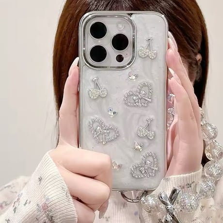 K22695 ビジューハートチェリーストラップ付きiPhoneケース