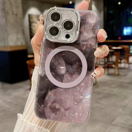 K22795 パールマーブルのカメラフレームスタンド付きMagSafe対応iPhoneケース