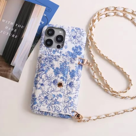K22905 ブルーフラワーショルダーウォレット iPhoneケース