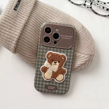 K23014 もこもこベア チェック柄ストラップ付き iPhoneケース