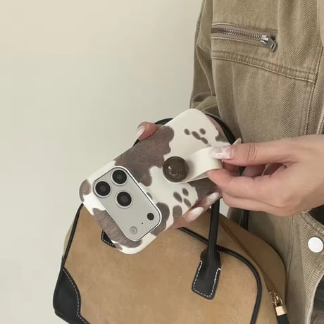 K23002 ニュアンスカウ柄 フィンガーストラップ＆スタンド iPhoneケース