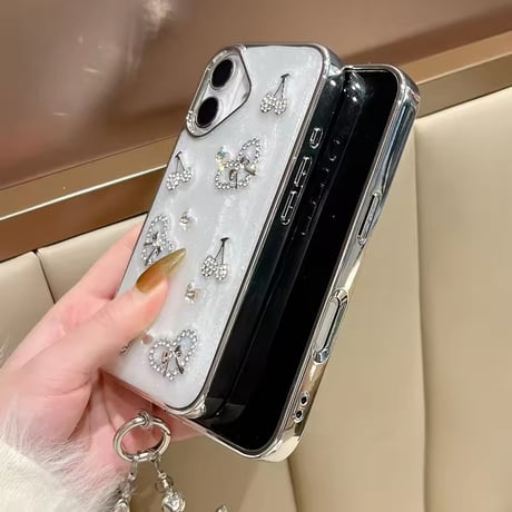 K22695 ビジューハートチェリーストラップ付きiPhoneケース