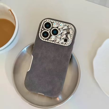 S75184 ビジューカメラフレーム スエードライクiPhoneケース