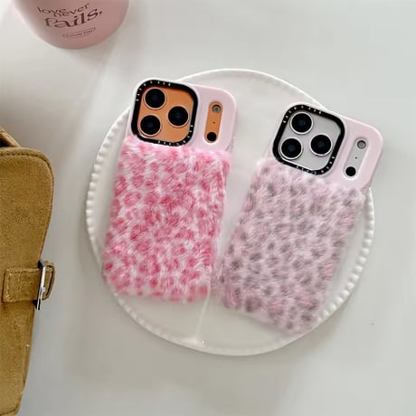 S75223 ふわもこヒョウ柄ファーiPhoneケース