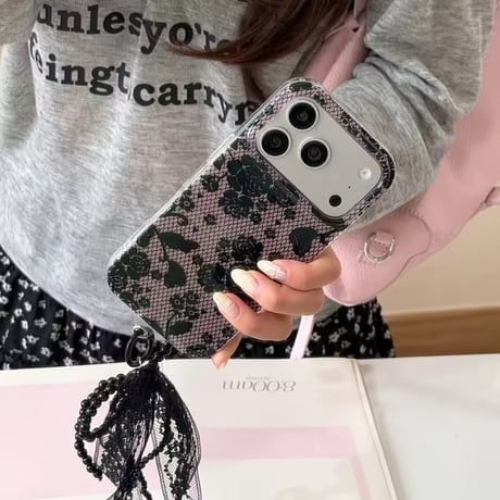 S75607 ブラックレースローズ iPhoneケース