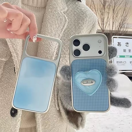 K22981 ハートグリップのくすみブルー iPhoneケース