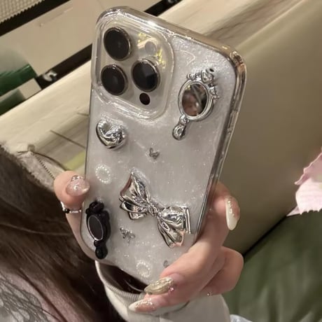 S74633 ミラー＆メタルリボンのガーリーiPhoneケース