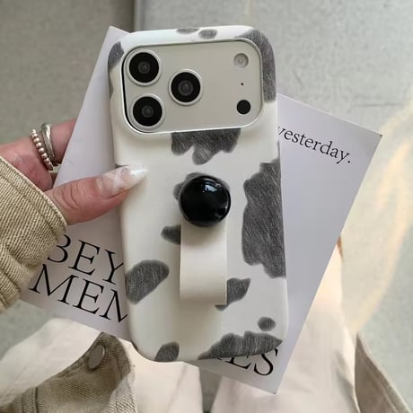 K23002 ニュアンスカウ柄 フィンガーストラップ＆スタンド iPhoneケース
