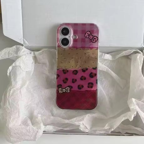 S75441 リボンミックスパターンピンクiPhoneケース