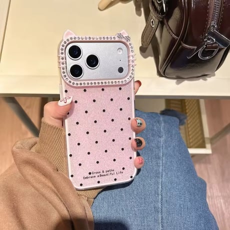 S75275 猫耳ビジューフレームドットiPhoneケース