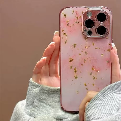 S74310 ピンクマーブル×金箔グリッターケース