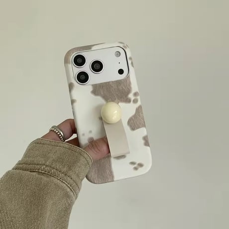 K23002 ニュアンスカウ柄 フィンガーストラップ＆スタンド iPhoneケース