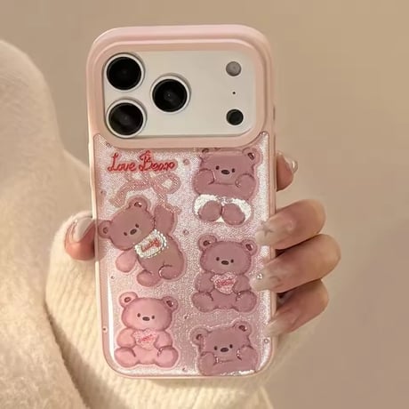S75204 くまちゃん総柄 ピンクiPhoneケース