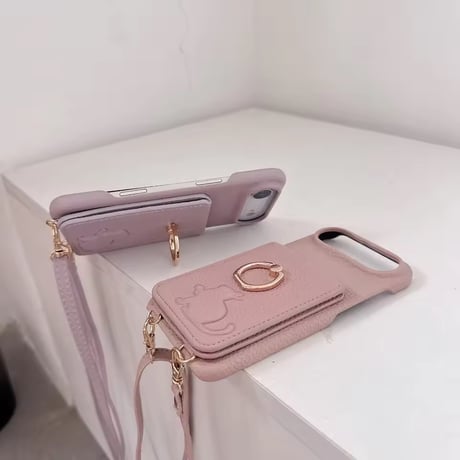 K22961 ねこモチーフ ミラー＆カードポケット付き iPhoneケース（ストラップ付き）